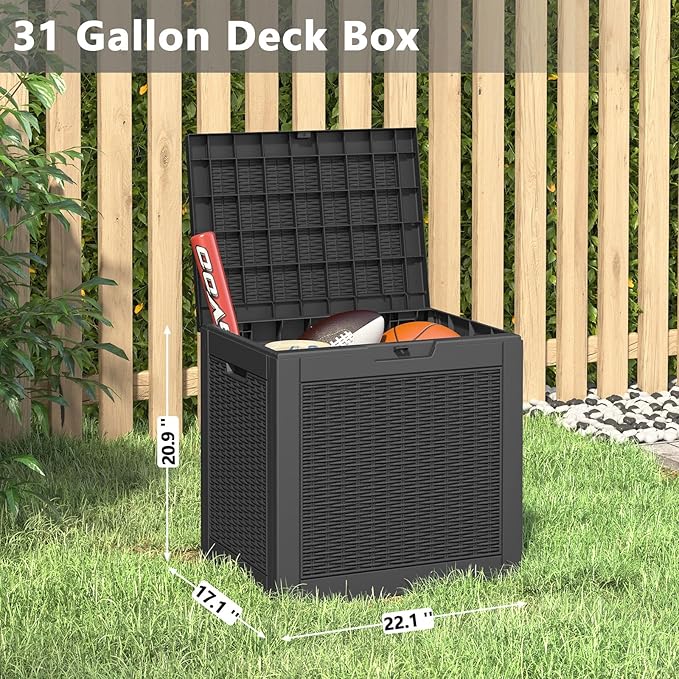 NBYSGO Outdoor Storage Box, Resin Deck Boxes Indoor and outdoor, Waterproof Storage Box Lockable Lid (Black, 31 Gallon)