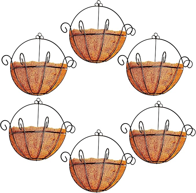 ShopLaLa Wall Hanging Planter for Outdoor Plants (6 Pack, 12 Inch) Wall Mounted Flower Baskets with Coco Liner for Outside Plant Fence Railings Pots Holder Balcony Deck Porch Modern Home Garden Decor