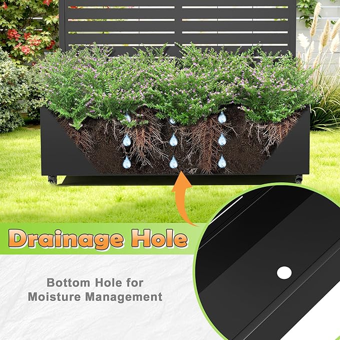Metal Raised Garden Bed with Trellis, 2-in-1 Planter Box & Privacy Screen for Climbing Plants, Outdoor Standing Flower Bed with Drainage Holes, 47.2" L x 16.7" W x 70.8" H, Black-Louvered