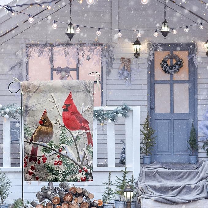 Winter Cardinal Bird Garden Flags Christmas Banners for Outside 12x18 Double Sided Red Birds on Tree Branch Flag Welcome New Year Yard Flag Farmhouse Outdoor Decor