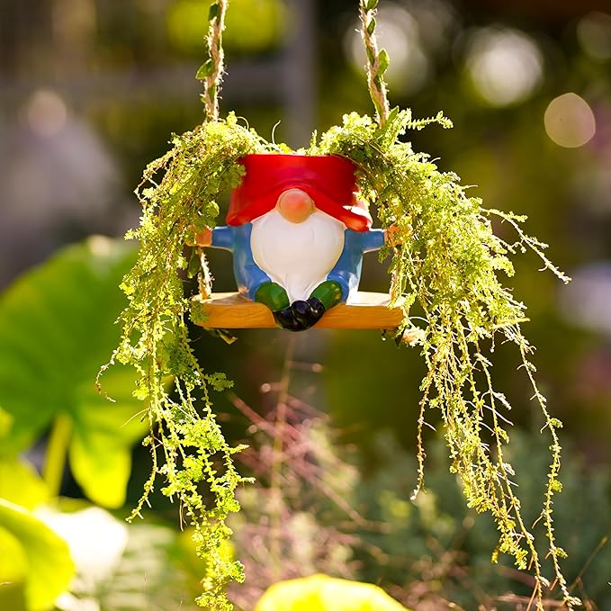 Swing Garden Gnome Hanging Planters for Indoor Plants, Cute Small Succulent Pots with Drainage Hole, Resin Plant Hangers Outdoor, Hanging Plant Holder for String Of Pearls, Gift Ideas for Mother