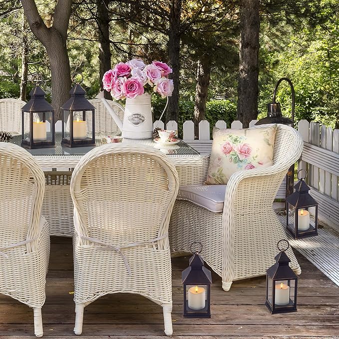 Yongmao Vintage Golden Brushed Black Lantern Decorative LED Flickering Flameless Candle with Timer, Battery Powered LED Decorative Hanging Lanterns for Indoor Outdoor Garden Yard Home Decor(4 Pack)