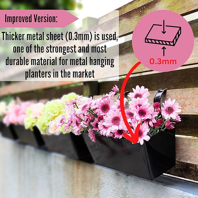 LaLaGreen Planter Box Outdoor (2 Pack, 12 Inch) Black Metal Rectangle Hanging Flower Pots, Balcony Deck Railing Fence Trendy Kitchen Strawberry Window Boxes Wall Planters for Fake Plant Holder Decor
