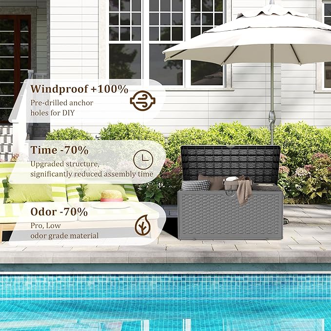 90 Gallon Resin Deck Box, Waterproof Outdoor Storage Bin for Patio, Poolside, and Garden, Lockable & UV-Resistant, Ideal for Small Spaces, Black