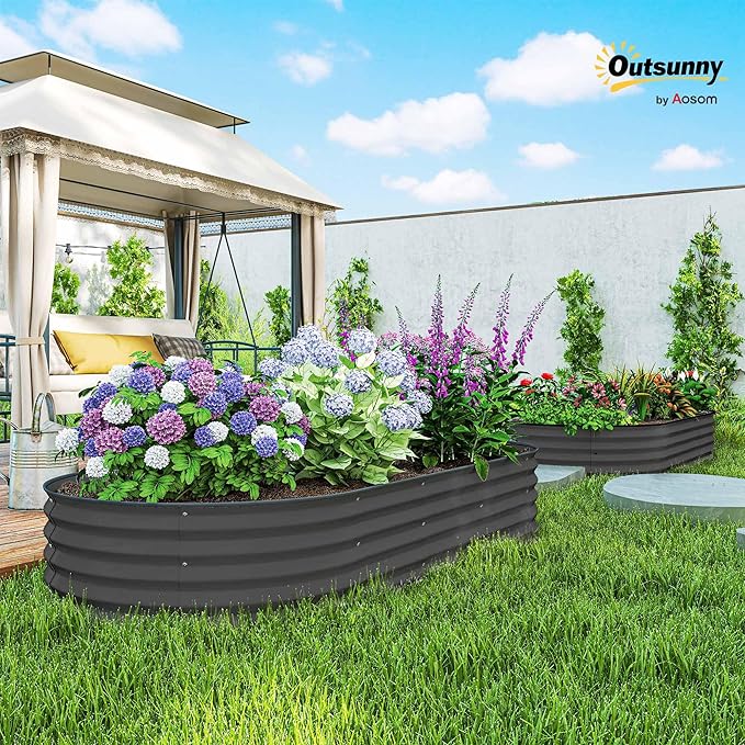 Outsunny 2PCS Galvanized Raised Garden Bed, 7' x 3' x 1' Raised Beds for Gardening with Plant Support Stakes, Rubber Strap Edging and Gloves, Metal Planter Box for Vegetables, Flowers, Dark Gray