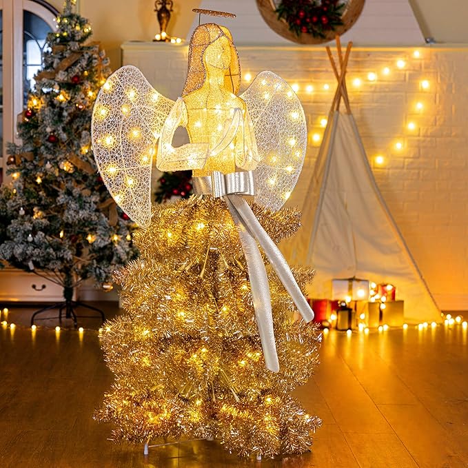 Vongrasig 5 FT Christmas Angel Outdoor Lighted Holiday Displays, Pre-lit 3D Outdoor/Indoor Glittered Angel with 100 Warm Lights, Bow, Zip Ties, Stakes for Birthday Party Decoration