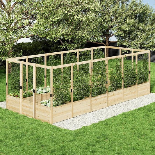 AMERLIFE Raised Garden Bed with Deer Proof Fence, 7.5Wx17Dx6H Outdoor Wooden Raised Garden Bed Planter with 19" Depth Planter Box