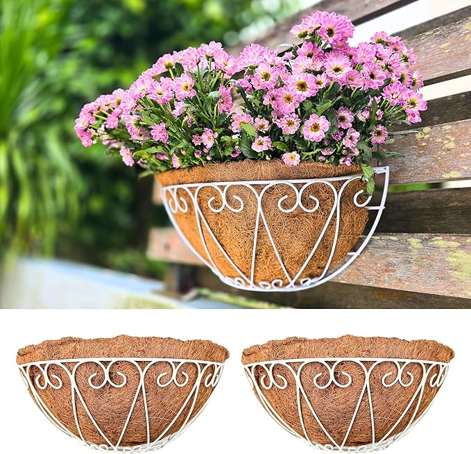 LaLaGreen Outdoor Wall Planters (2 Pack, 12 Inch) White Metal Wall Mounted Hanging Basket with Coco Liner, Flower Pot Plant Holder Semi-Circle Planter for Fence Railing Deck Porch Balcony Garden Decor