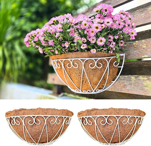 LaLaGreen Outdoor Wall Planters (2 Pack, 12 Inch) White Metal Wall Mounted Hanging Basket with Coco Liner, Flower Pot Plant Holder Semi-Circle Planter for Fence Railing Deck Porch Balcony Garden Decor