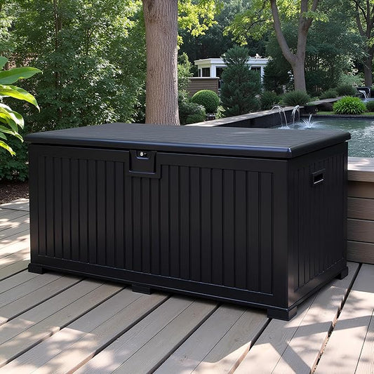 230 Gallon Outdoor Storage Box Waterproof, Extra Large Plastic Outside Deck Box Weatherproof, Resin Patio Storage Bin with Lock and Lids for Pool Equipment and Cushion, Black