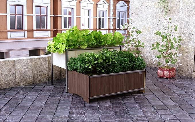 Foreman Raised Garden Bed 10 Year Warranty 36”Lx24”Wx14”H Premium Plastic Wood Grain Aluminum Frame Elevated Planter Box for Backyard Patio Balcony, Tosca