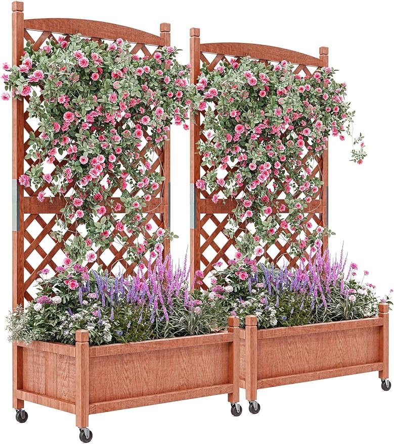 29.5"x13"x61.5" Large Wooden Raised Garden Bed with Trellis & Adjustable Wheels - Planter Box with Drainage Holes for Herbs, Flowers - Portable Indoor/Outdoor Use, 2 PCS