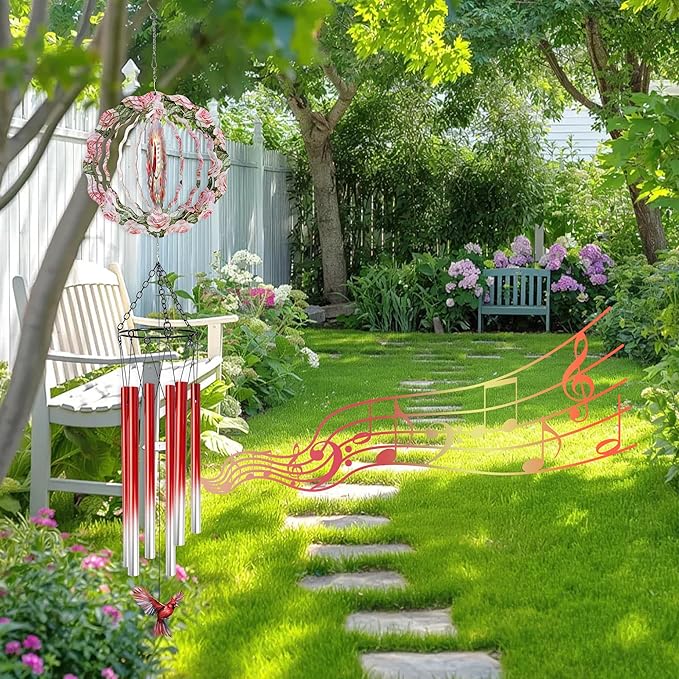 Red Cardinal Wind Chimes for Outside, 3D Wind Chimes with Wind Spinner, Outdoors Hanging Decor for Garden Porch Patio Backyard, Mothers Day Birthday Gifts for Women Mom Grandma