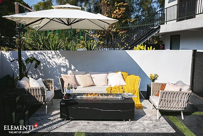 Elementi+ | Varna Gas Fire Pit | Marble Porcelain & Metal Frame | 60" Rectangular Fire Table | Electronic Ignition | Canvas Cover, Fire Glass & Burner Lid Included | Black | Propane Gas
