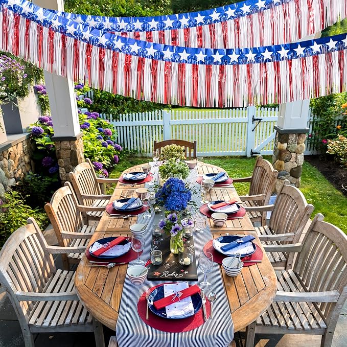 Mega-L 4th of July Decorations 4Packs 78 Feet Foil Fringe Garland Tinsel Streamers, Red White and Blue Star Metallic Hanging Backdrop Banner Table Skirts for Parade Floats Memorial Day Patriotic Party