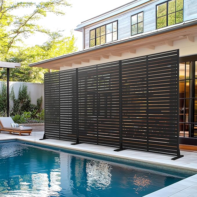 Metal Privacy Screen with Stand 72" H×47" W Outdoor Freestanding Privacy Screen & Panels, Outdoor Privacy Screen for Deck Patio Balcony(Black-Louvered)