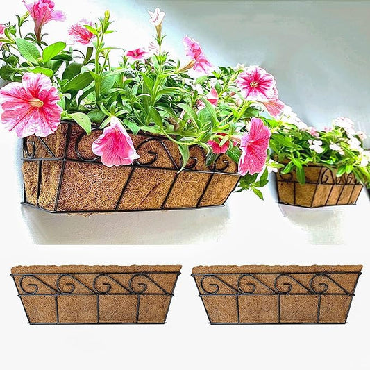 LaLaGreen Wall Planters for Outdoor Plants (2 Pack, 16 Inch) Window Flower Boxes Basket Attach to House, Deck Railing Strawberry Planters with Coco Liners BalconyTroughs Fence Patio Porch Over Rail
