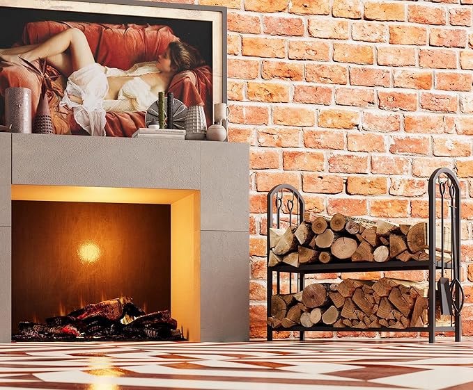 Fire Beauty Fireplace Firewood Log Rack 5-Piece Storage Logs Holder with Tools Set with 4 Tools Set Fireside Holders Wood Lumber Storage Stacking Black
