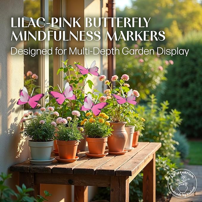 Handmade Lilac Pink Butterfly Garden Stakes - Set of 7 Premium 3D Hand-Painted Butterflies with Fluttering Spring Movement, Weatherproof Metal Rod, Outdoor Indoor Decor, Ideal Gift