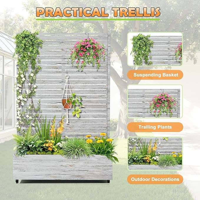Metal Raised Garden Bed with Trellis, 2-in-1 Planter Box & Privacy Screen for Climbing Plants, Outdoor Standing Flower Bed with Drainage Holes, 47.2" L x 16.7" W x 70.8" H, White Oak Grain