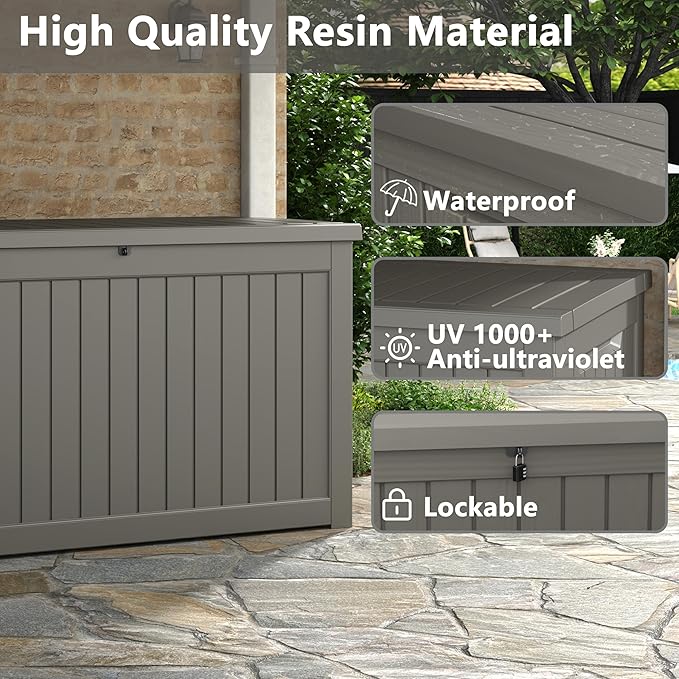 NBYSGO Outdoor Storage Box, Resin Deck Boxes Indoor and outdoor, Waterproof Storage Box Lockable Lid (Grey, 180 Gallon)