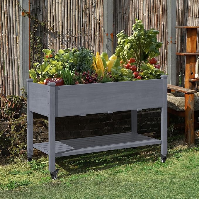 BlueWish 48" W x 24" D x 33" H Raised Garden Bed, Garden Bed with Detachable Black Liner, 3 Drainage Holes, Cedar Frame, 220 lbs Capacity, Planter Box for Outdoor, Patio, Backyard, Gray
