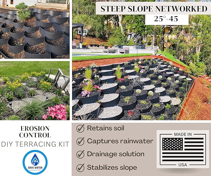 Dirt Locker Erosion Control Hillside Planters, 20-Pack-Brown—DIY-Raised Garden Bed Terracing Kit for Steep Slopes, 25°-35°-Geogrid Water Retention Planting Stabilizer-Retaining Wall Compatible
