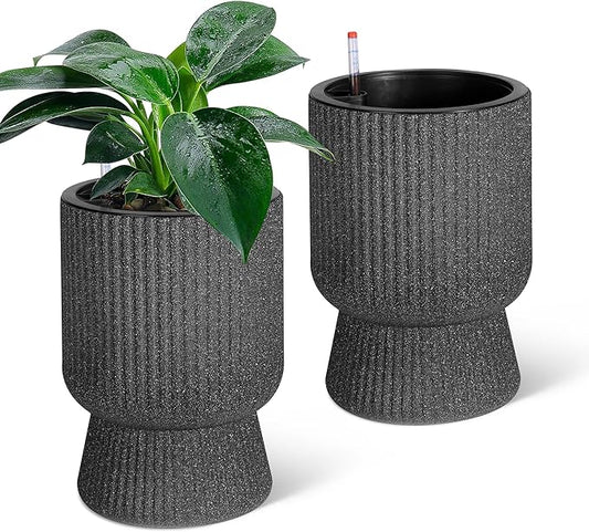 14.2" Tall Planters Set of 2, Large Indoor/Outdoor Self-Watering Plant Pots with Drainage, Water Level Monitor & Wheels, Flower Pots for Patio, Porch, Living Room, Home Office
