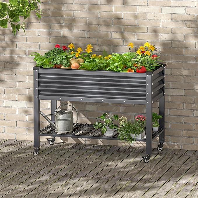 MUPATER Galvanized Steel Raised Garden Bed with Legs, 48" L x 24" W x 34" H Large Metal Elevated Raised Planter Box with Rolling Casters & Extra Bottom Shelf for Backyard, Garden, Patio, Balcony, Gray