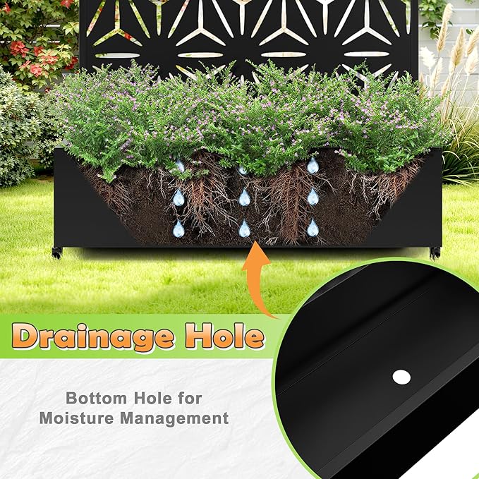 Metal Raised Garden Bed with Trellis, 2 in 1 Trellis with Planter Box & Privacy Screen for Climbing Plants, Vine, Outdoor Standing Flower Beds with Drainage Holes,47.2"L x 16.7"W x 70.8"H,(Black-Star)