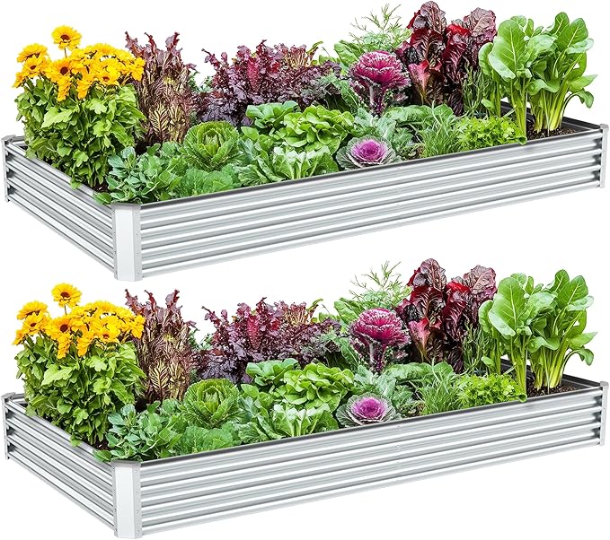 2PCS 8x4x1FT Galvanized Raised Garden Bed Kit,Vegetable Boxes-Rectangle Metal Flower Box,Large Planter Raised Beds Outdoor Garden for Planting,Fruit,Herb-Silver