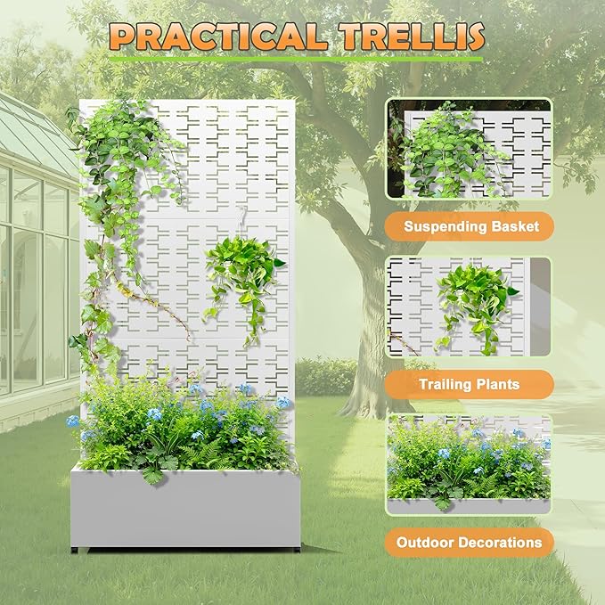 Metal Raised Garden Bed with Trellis, 2-in-1 Planter Box & Privacy Screen for Climbing Plants, Outdoor Standing Flower Bed with Drainage Holes, 35.4" L x 15.7" W x 70.1" H, White-Brick
