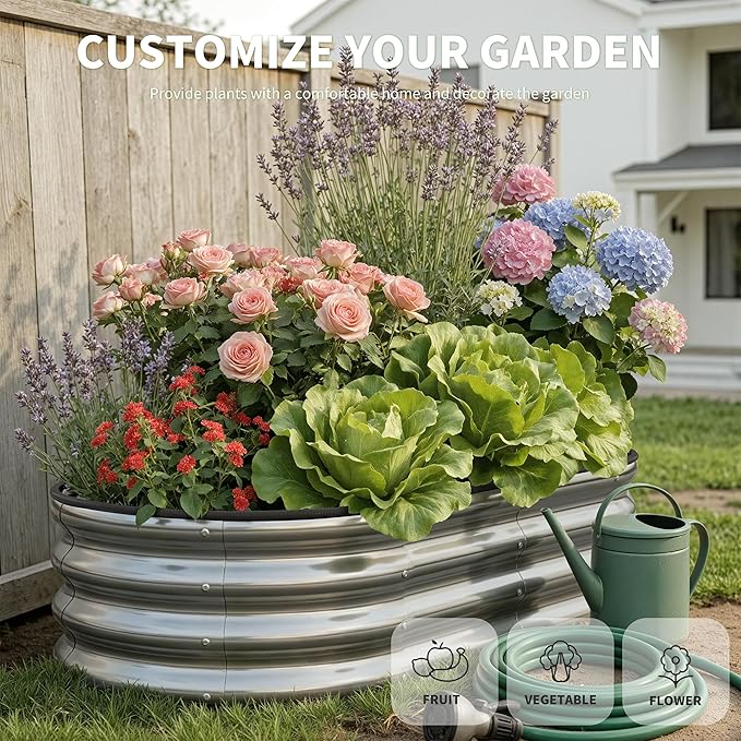 Anmiro Galvanized Metal Raised Garden Bed Kit for Outdoor Planter Boxes with Easy Assembly,4x2x1ft-2PCS Oval Large Galvanized Gardening Raised Bed for Vegetables, Fruits, Flower (Silver, 4 * 2 * 1ft)