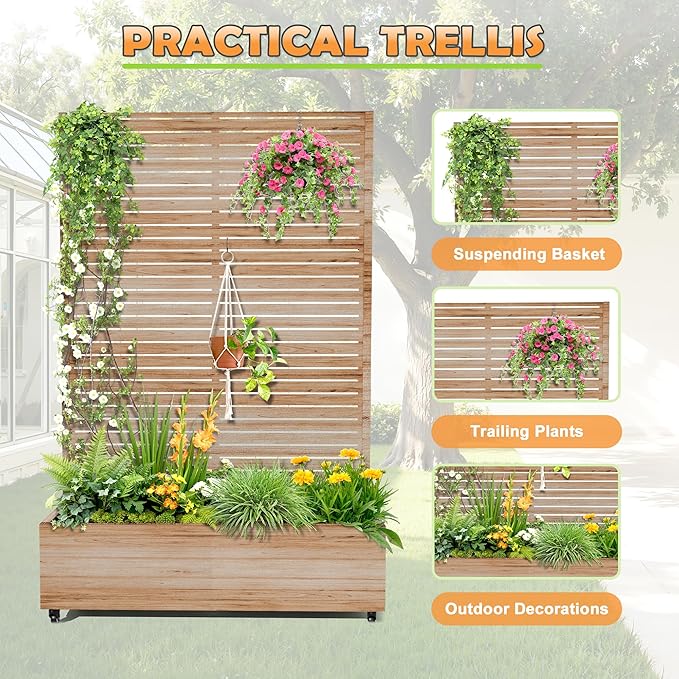 Metal Raised Garden Bed with Trellis, 2-in-1 Planter Box & Privacy Screen for Climbing Plants, Outdoor Standing Flower Bed with Drainage Holes, 47.2" L x 16.7" W x 70.8" H, Acacia Wood Grain