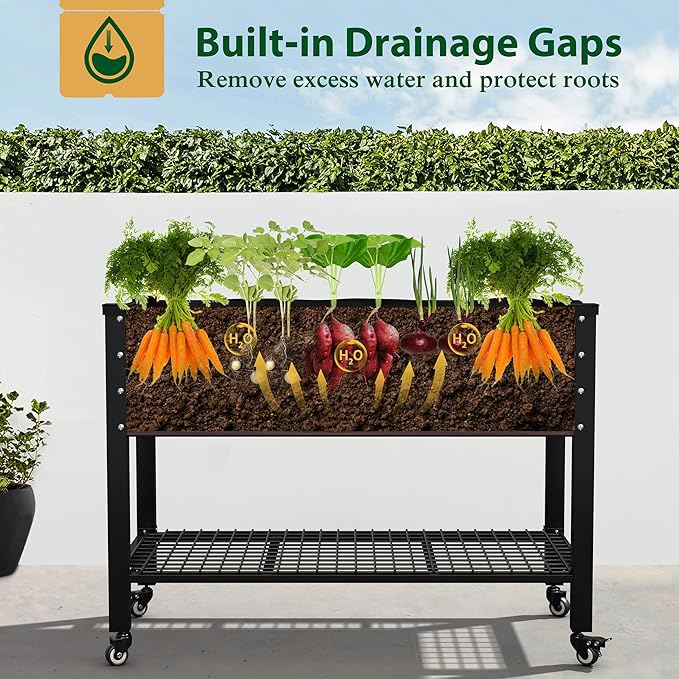 MUPATER 48" L x 24" W x 34" H Galvanized Steel Raised Garden Bed, 507lbs Capacity Large Metal Elevated Raised Planter Box with Rolling Casters & Extra Bottom Shelf for Patio, Balcony, Rustic