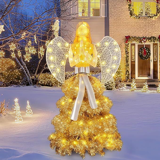 Vongrasig 5 FT Christmas Angel Outdoor Lighted Holiday Displays, Pre-lit 3D Outdoor/Indoor Glittered Angel with 100 Warm Lights, Bow, Zip Ties, Stakes for Birthday Party Decoration
