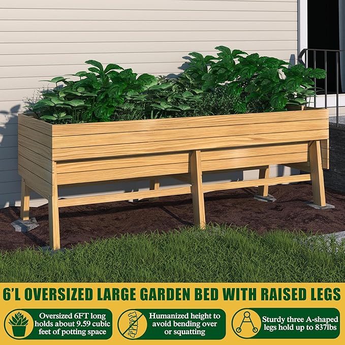 6 x 3 x 2FT Raised Garden Bed with Legs, Large Outdoor Elevated Wood Planted Box with Liner for Vegetable Flower, Backyard and Patio, Natural