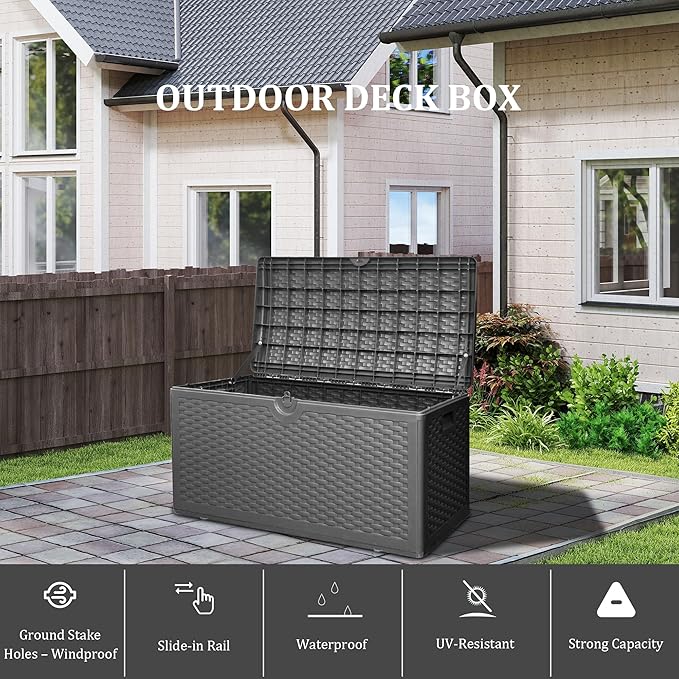 80GAL Deck Box Black，Waterproof Resin Storage Bin， Package Delivery，Garden，Patio Cushions，UV Resistant
