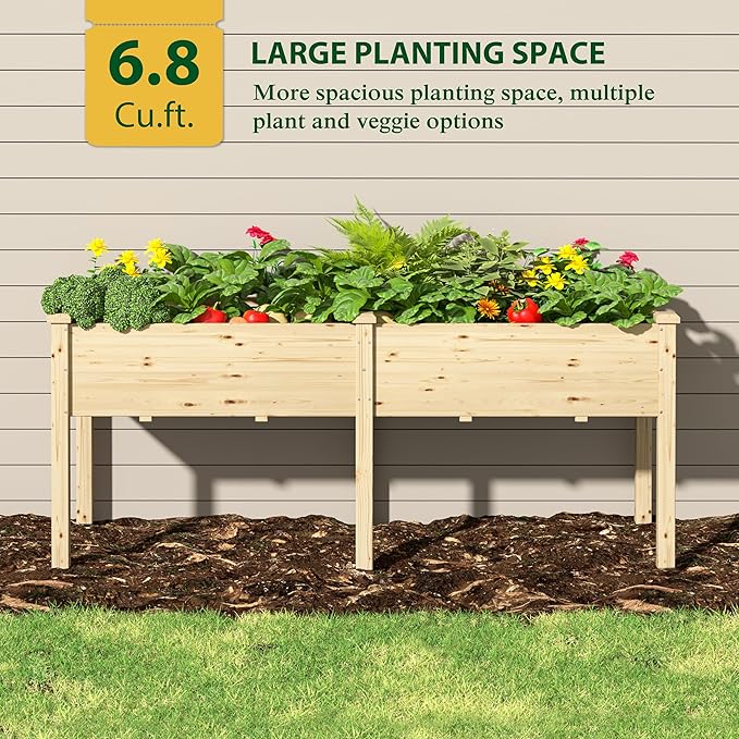 BlueWish 72''L x 23''W x 30''H Outdoor Cedar Garden Bed, Raised Garden Bed with 8 Drainage Holes & 6 Legs, Elevated Planter Boxes for Gardening, Vegetable, Flower, 309lbs Capacity, Natural