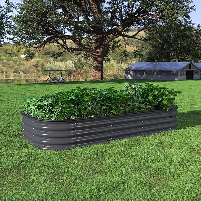 MUPATER 6x3x1FT Metal Raised Garden Beds Outdoor, Modular Galvanized Steel Planter Box for Vegetables, 11.2'' H Garden Bed Kit Oval for Herbs and Flowers, Garden, Gray