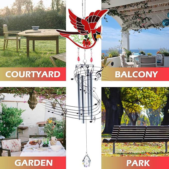KY&BOSAM Cardinal Wind Chime for Outside Stained Glass Sympathy Wind Chimes Memorial Wind Chime for Loss of Loved One Mother Father Condolence Remembrance,Sympathy Gift Home Outdoor Garden Patio Decor