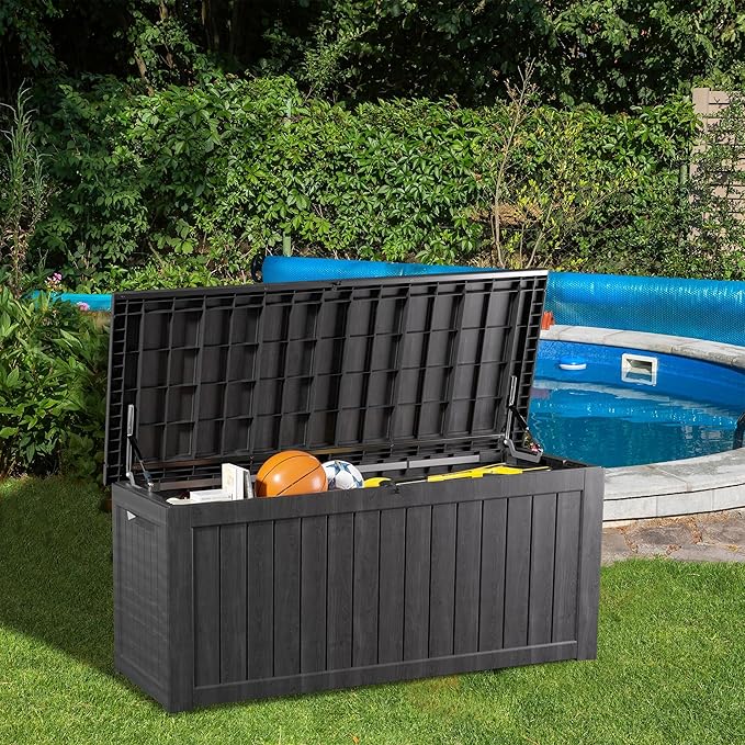 200 Gallon Lockable Resin Outdoor Storage Box, Waterproof & Weather Resistant Deck Box for Patio Cushion, Garden Tools & Pool Accessories, Black
