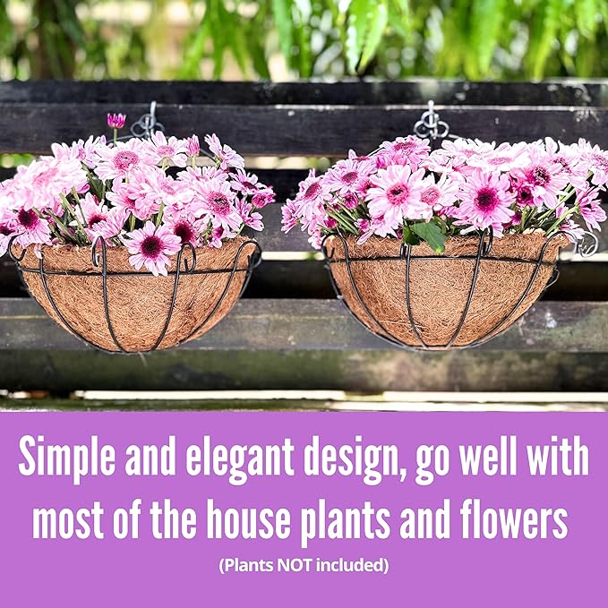 Shoplala Wall Hanging Planter for Outdoor (2 Pack, 10 Inch) Black Metal Hanging Flower Basket for Plants, Wall Planters with Coco Liner Indoor Wall Mounted Plant Holder Outside Balcony Fence Rail Deck