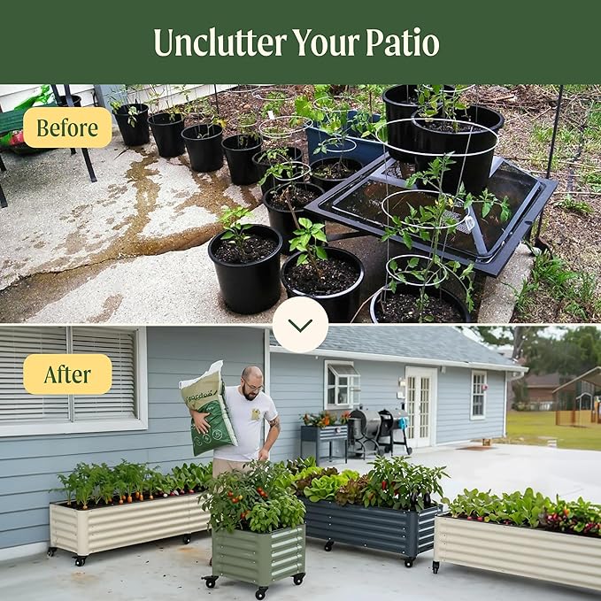Vego garden Classic Rolling Garden Bed – 1.75' Mobile Metal Raised Garden Bed for Patio, Deck, Balcony – Deep Planting Space, Durable & Easy to Move (Olive Green, 1.75'X1.75')