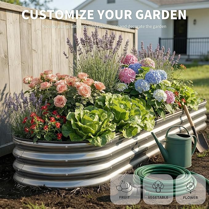 Anmiro Galvanized Metal Raised Garden Bed Kit for Outdoor Planter Boxes with Easy Assembly,4x2x1ft-2PCS Oval Large Galvanized Gardening Raised Bed for Vegetables, Fruits, Flower (Silver, 8 * 2 * 1ft)