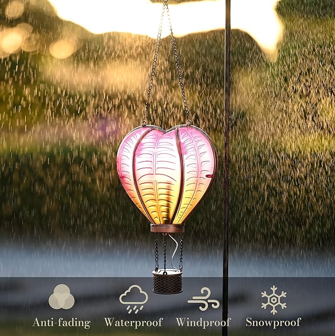 TERESA'S Collections Hot Air Balloon Solar Lantern for Garden , Flickering Flame Hanging Solar Lights,Heart Shape Lantern for Anniversary Wedding Decor