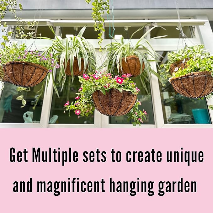 LaLaGreen Hanging Baskets for Outdoor Plants (10 Pack, 14 Inch) Large Hanging Planter with Coco Liner Round Flower Pots, Black Metal Wire Plant Holder Hook Deck Porch Garden Balcony Farmhouse Decor