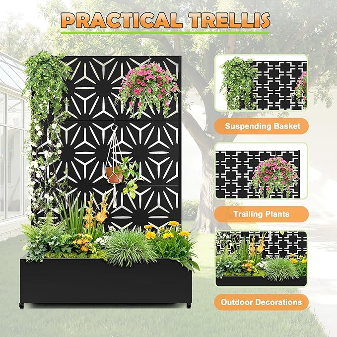 Metal Raised Garden Bed with Trellis, 2 in 1 Trellis with Planter Box & Privacy Screen for Climbing Plants, Vine, Outdoor Standing Flower Beds with Drainage Holes,47.2"L x 16.7"W x 70.8"H,(Black-Star)