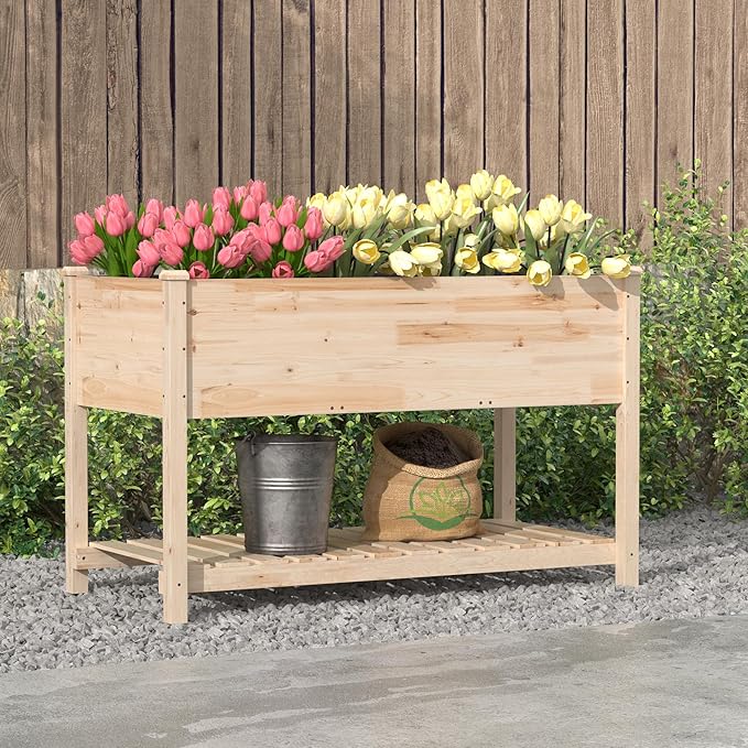 Raised Garden Bed with Legs, 47.2x23.6x30in Wooden Raised Garden Box with Bed Liners, Storage Shelf for Outdoor Garden, Patio, Elevated Wood Planter for Vegetables, Fruits, Flowers