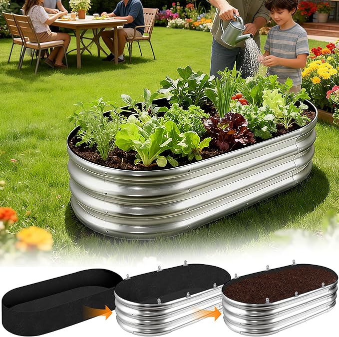 2 Sets 4 x 2 x 1 ft Raised Garden Bed Liner Bag, Breathable Grow Bed Fabric Liners with Clips and Gloves, Garden Box Non Woven Bag for Outdoor Plants Growth Keep Soil Isolation (Oval)